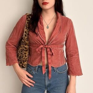 Vintage Hollister Pink Velvet Cropped Jacket Tie Front Ruffle Y2K Small
